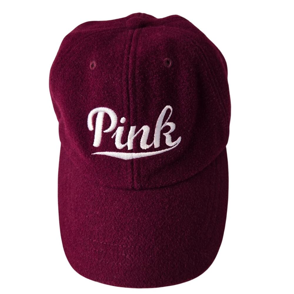VS PINK Maroon Wool‑Blend Baseball Cap White Embroidered Logo Adjustable Strap